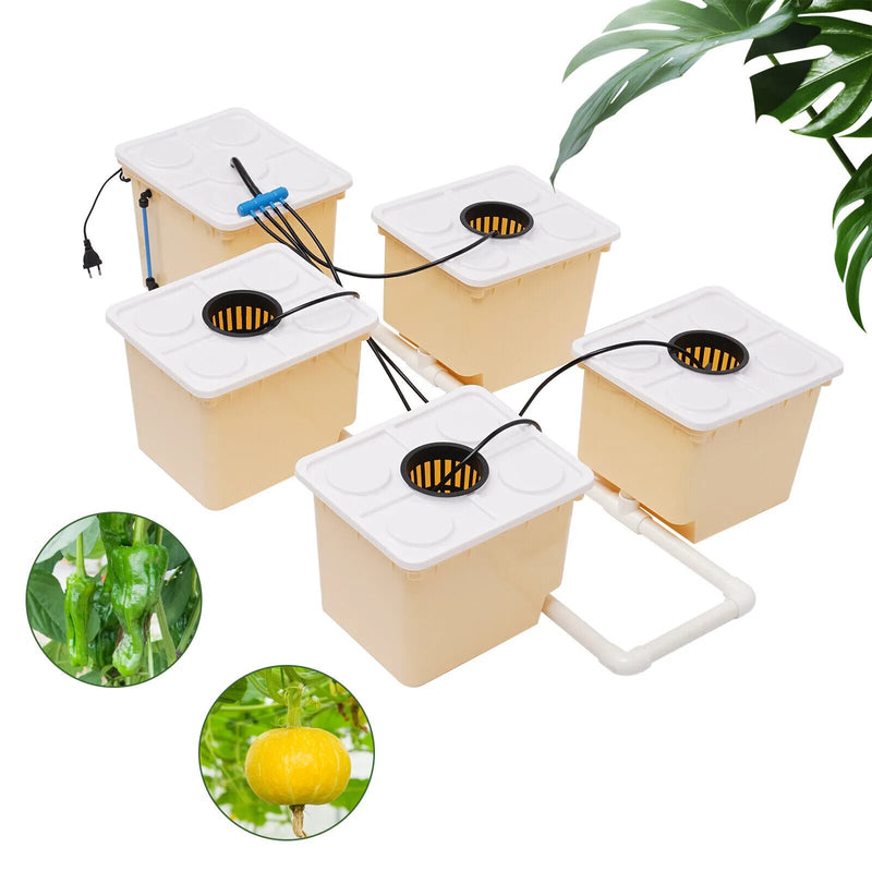 Hydroponics Drip Growing System 5 Sites Dutch Buckets w/ Lids & Submerged Pump Hydroponics Drip Growing System