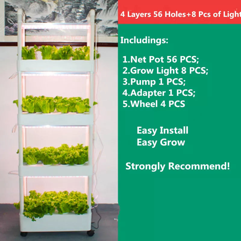 4-Layer Vertical Hydroponics Growing System Kit: 56 Holes, LED Light